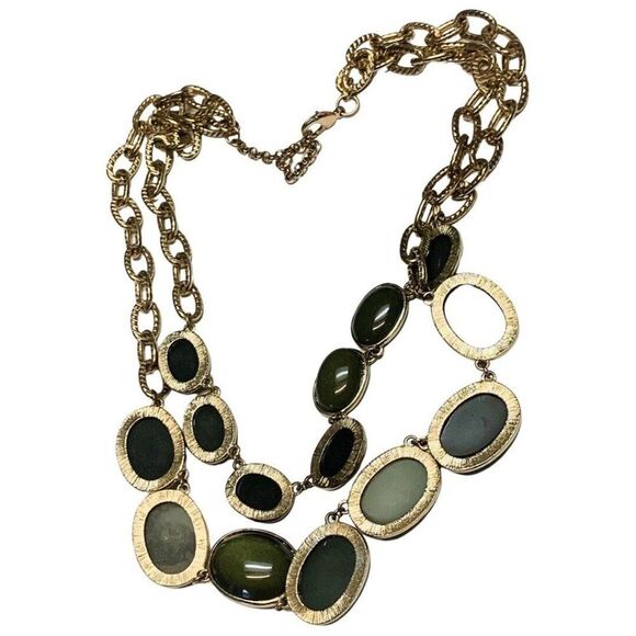 Vintage Olive Green Glass Beaded 2 Tier Chain Gold Tone Statement Necklace 20” - Picture 6 of 8